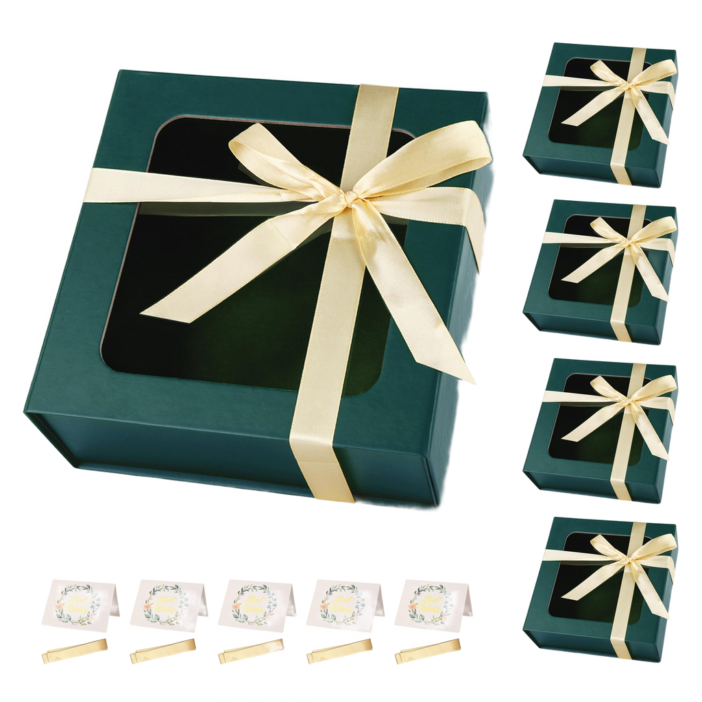 Emerald green gift boxes with clear window lid and cream ribbon, set of 5