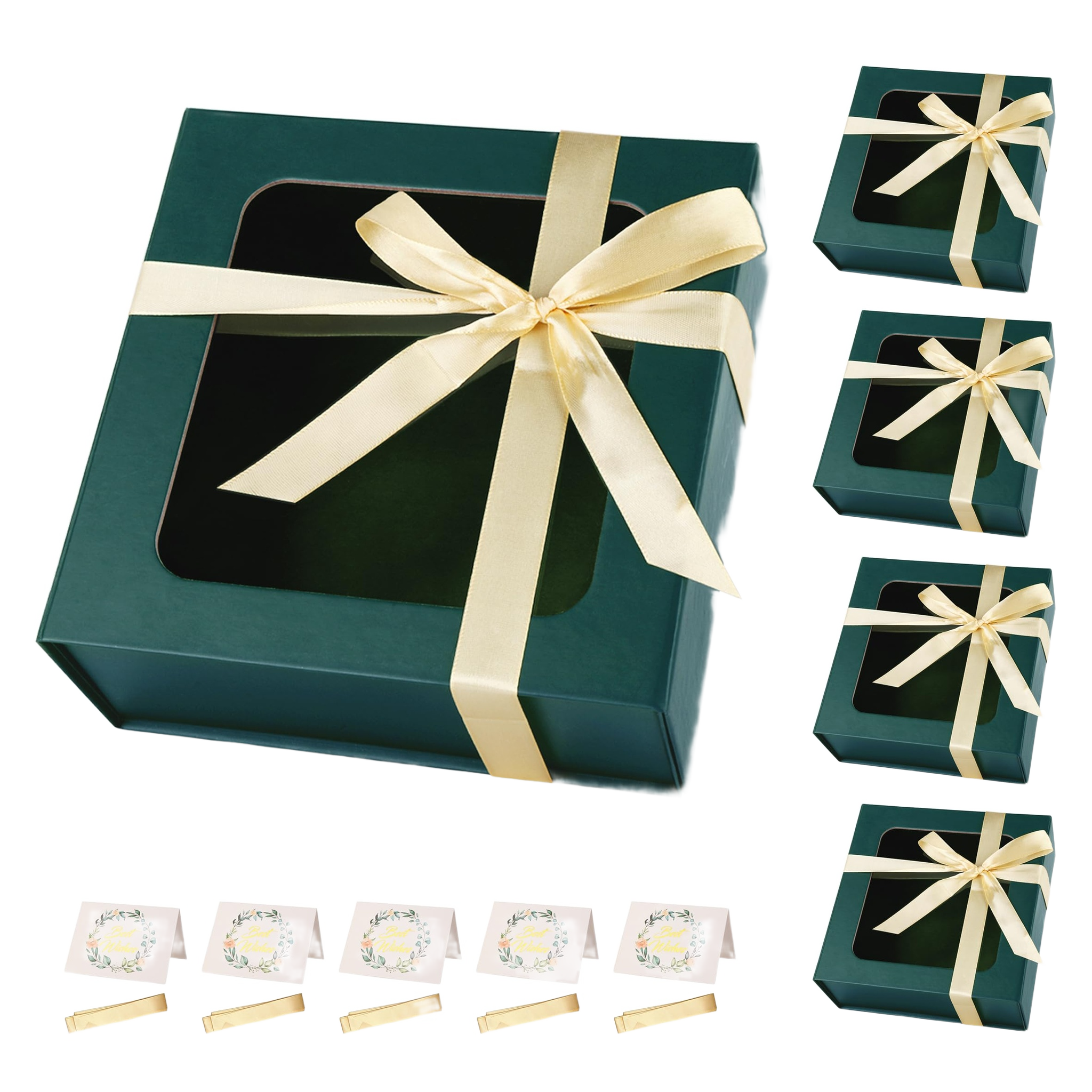 Emerald green gift boxes with clear window lid and cream ribbon, set of 5