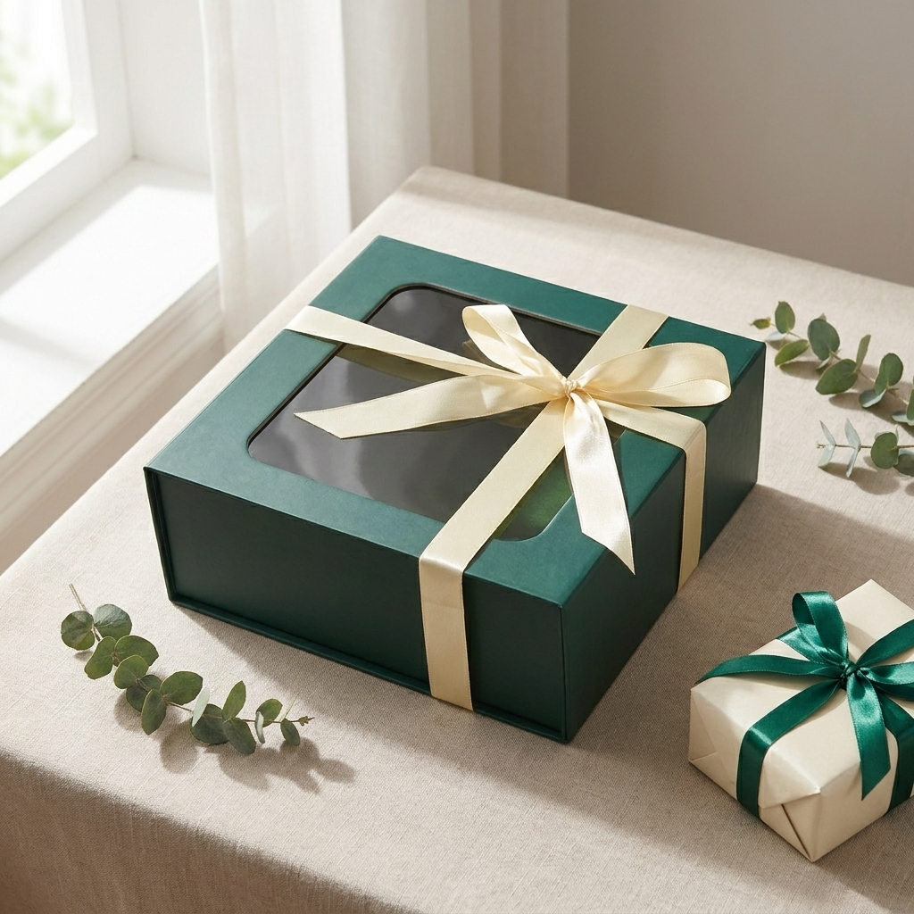 Green gift box with clear window styled on neutral linen with eucalyptus