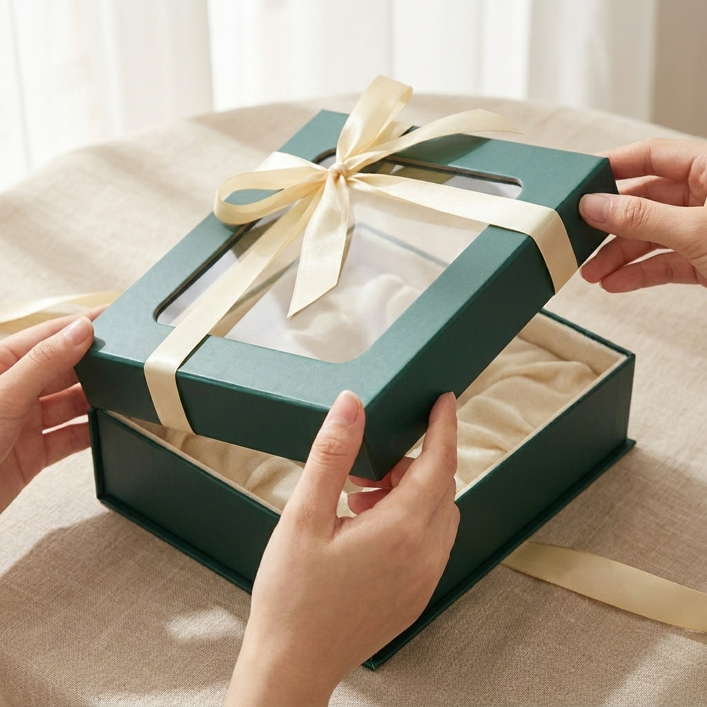 Hands opening the magnetic lid of a green window gift box