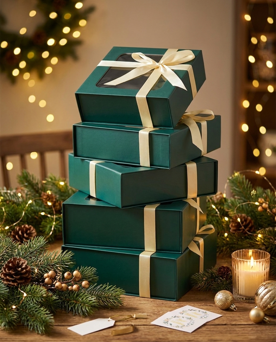 Stack of green window gift boxes on a festive holiday table