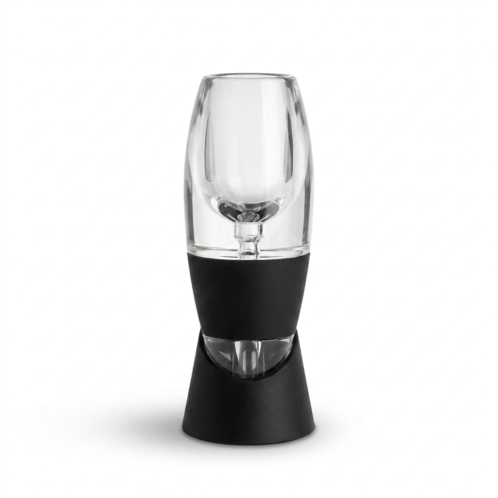 Wine aerator and decanter on stand, pure white studio background square packshot