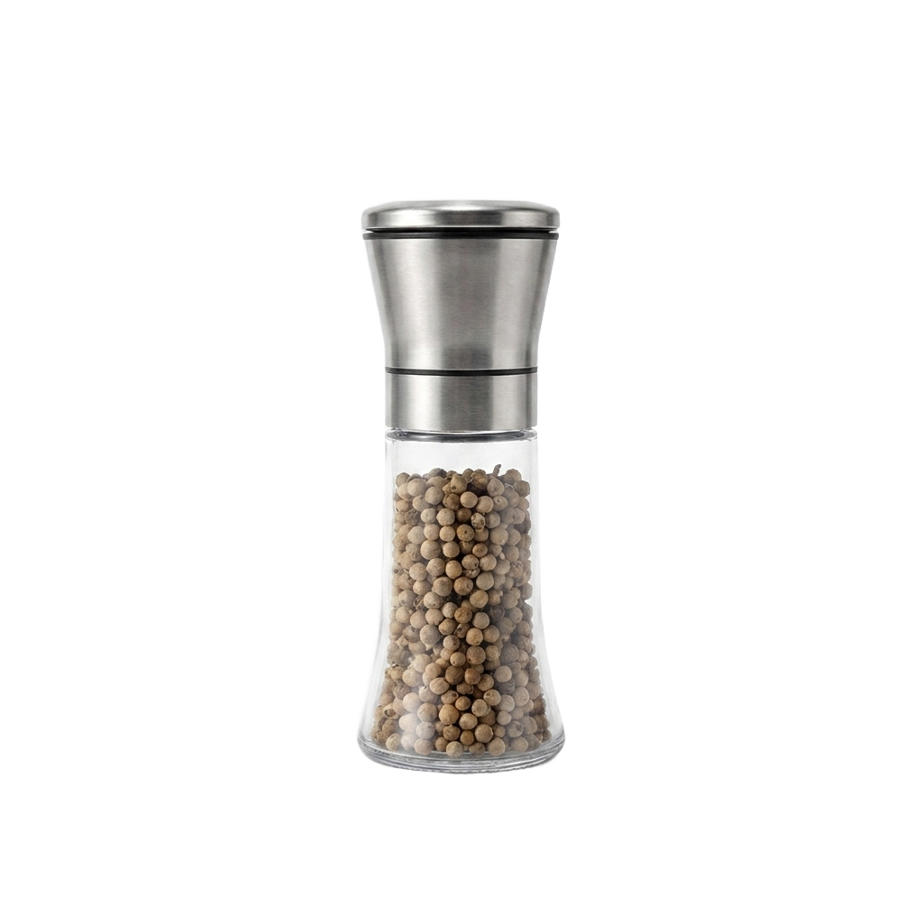 Stainless steel manual pepper grinder with glass body on a pure white background