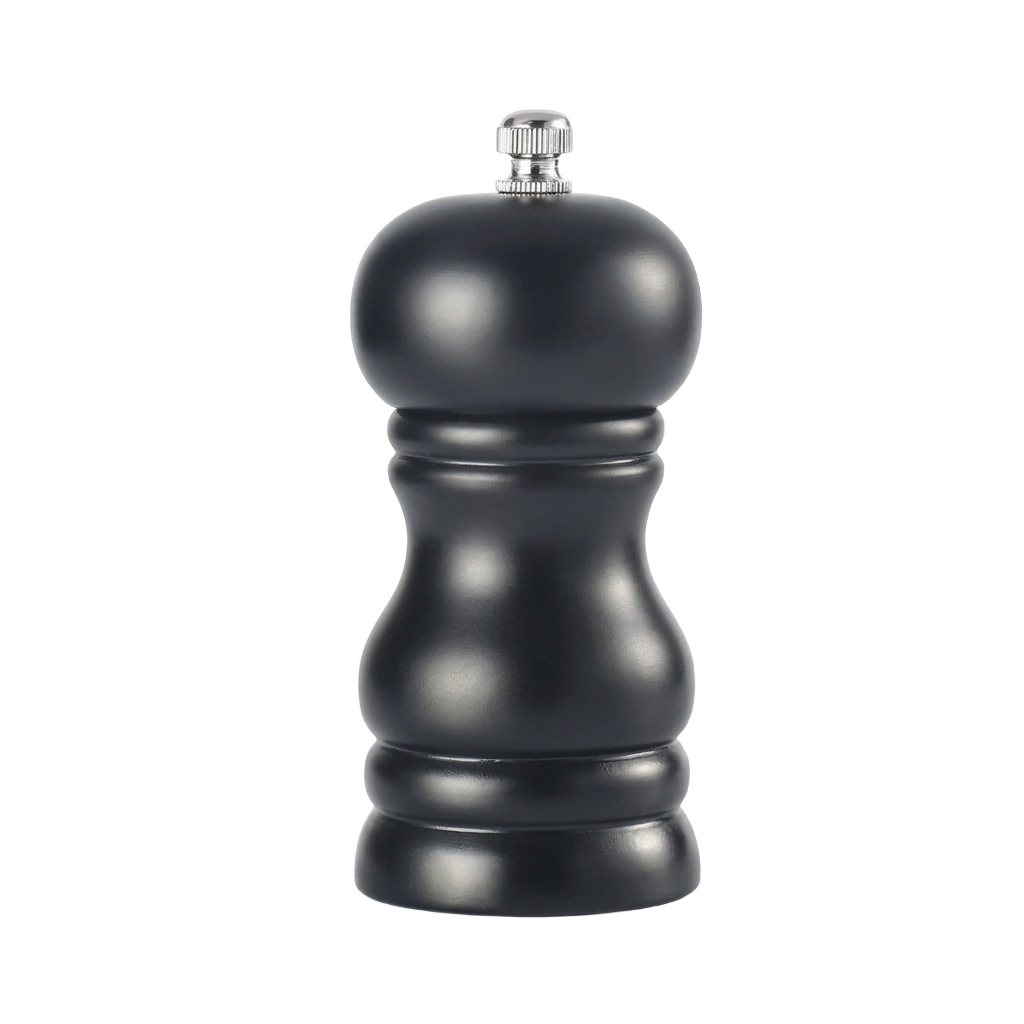 4-inch matte black solid wood pepper mill on a pure white background