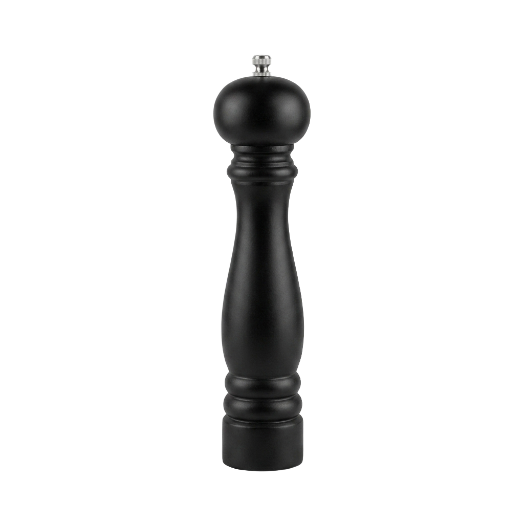 Matte black solid wood ceramic pepper grinder on a pure white background