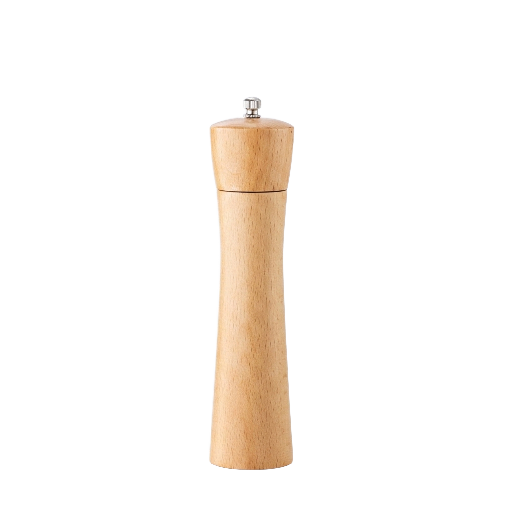 Beech wood manual pepper mill on a pure white background