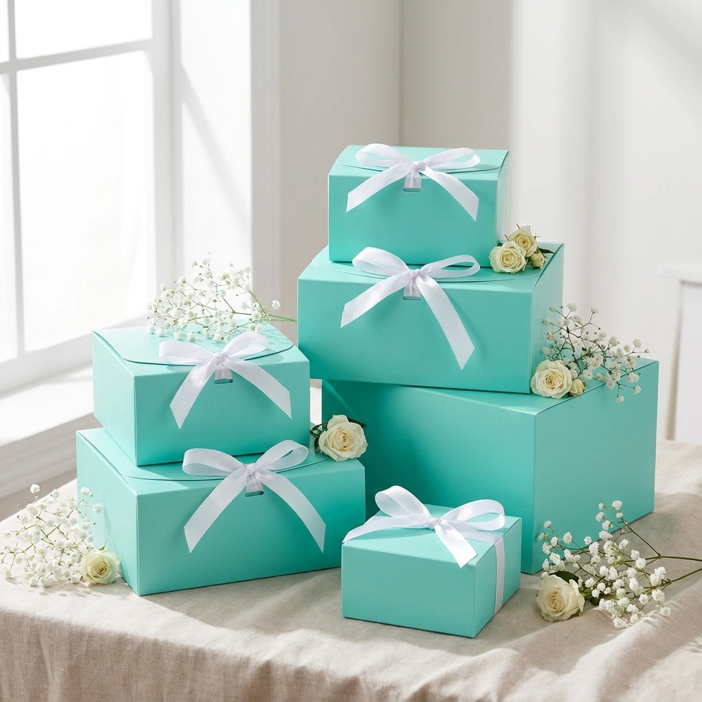 Stack of turquoise teal gift boxes with white bows and flowers