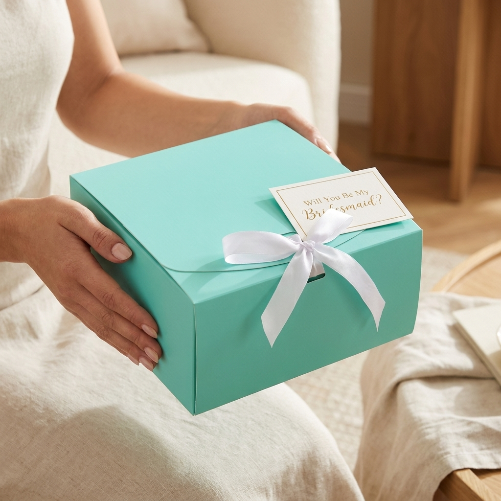 Person handing a teal gift box as a bridesmaid proposal