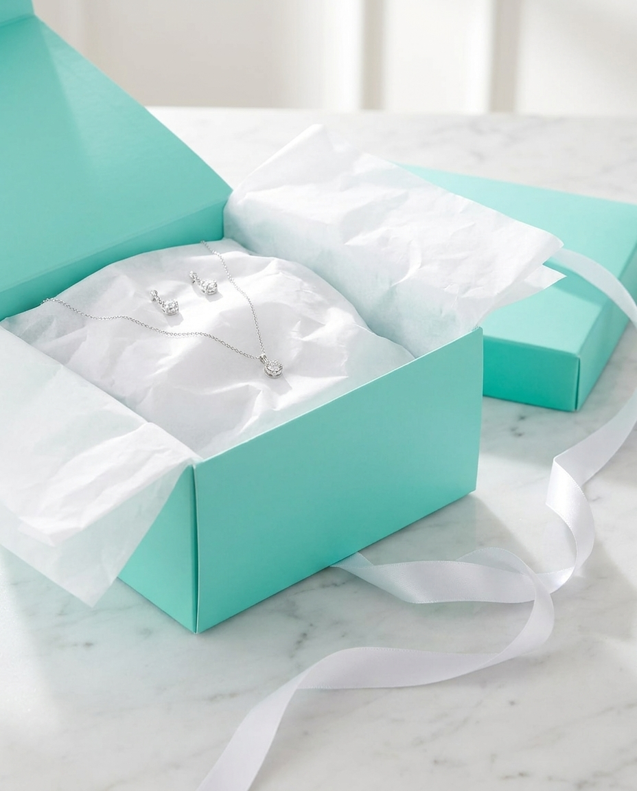 Open teal gift box with jewelry and white tissue paper