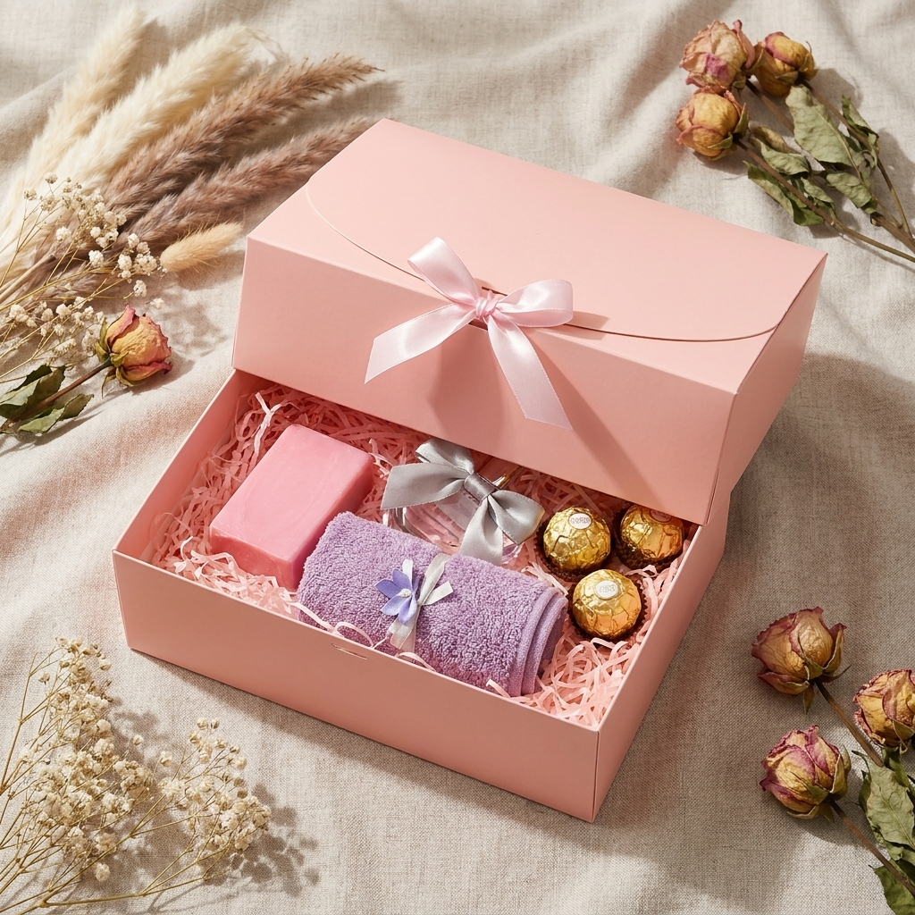 Open pink gift box with soap, towel and chocolates