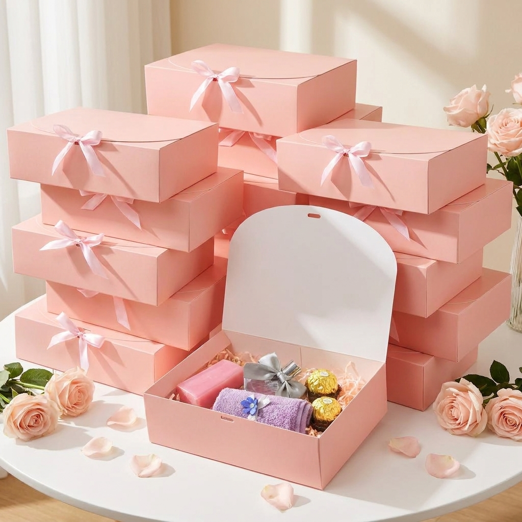 Stack of pink gift boxes with bows and roses for bridesmaid proposal