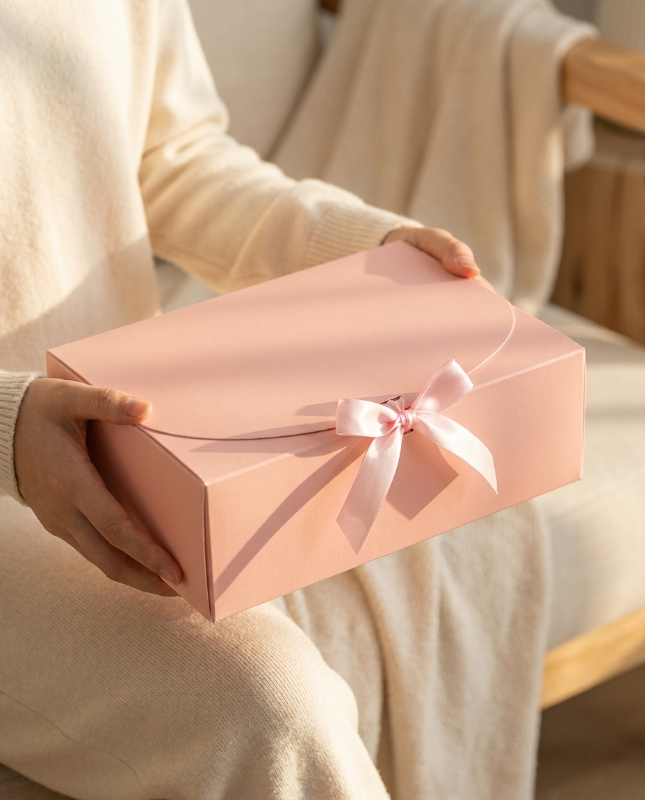 Person holding a closed pink gift box with satin bow