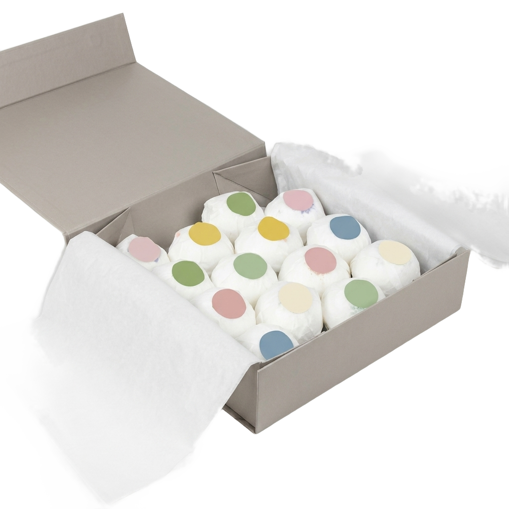 Luxury spa gift box of 14 individually wrapped natural bath bombs on a pure white background