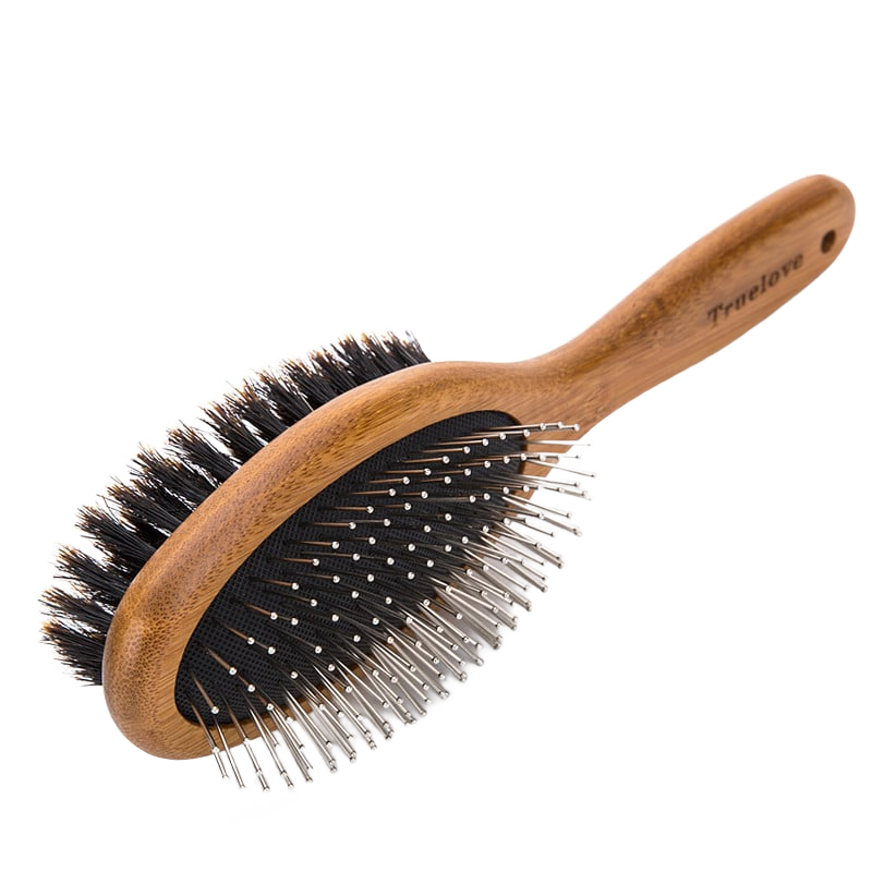 Double-sided bamboo pet grooming comb on pure white background, square ecommerce packshot