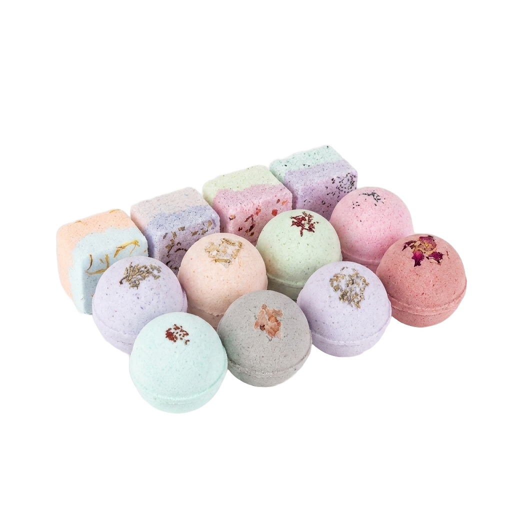 Natural bath bombs and shower steamers gift set on pure white background