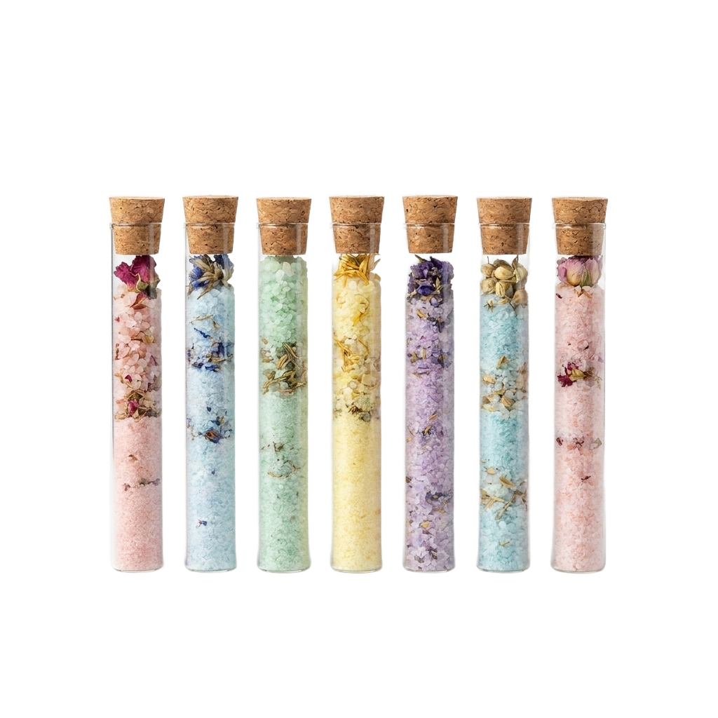 Set of 7 botanical bath salt glass tubes on pure white background