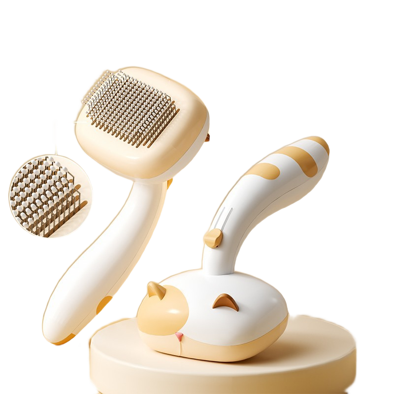 Cat Groom and Shine self-cleaning comb on pure white background, square ecommerce packshot