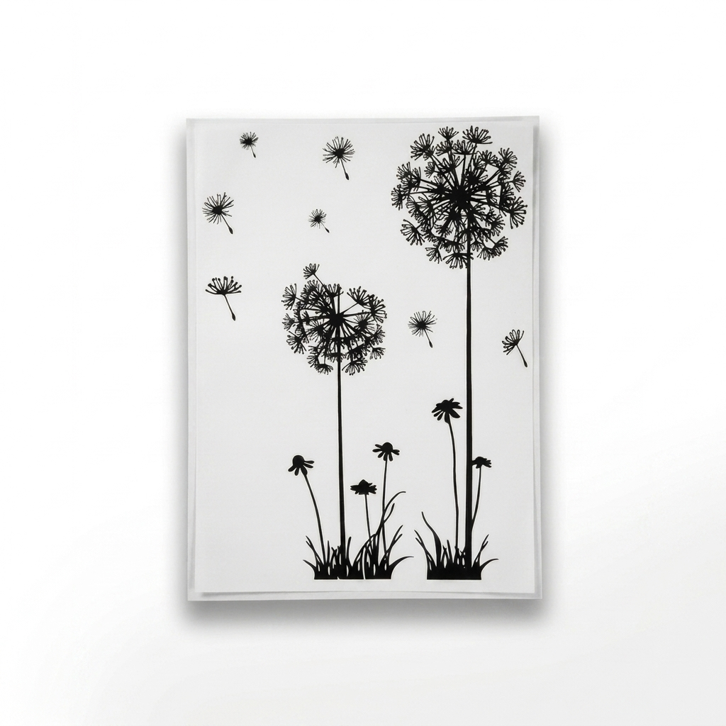 Black dandelion wall decal design on pure white background square packshot