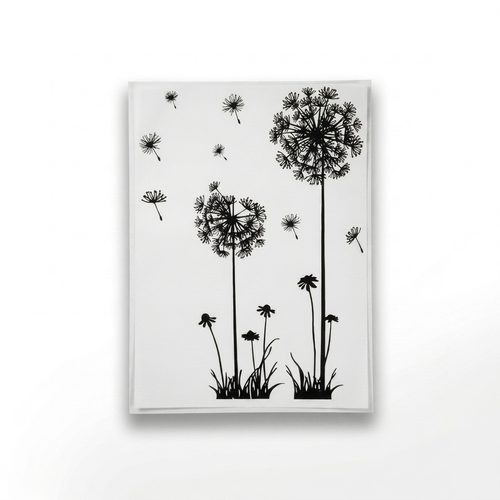 Black dandelion wall decal design on pure white background square packshot