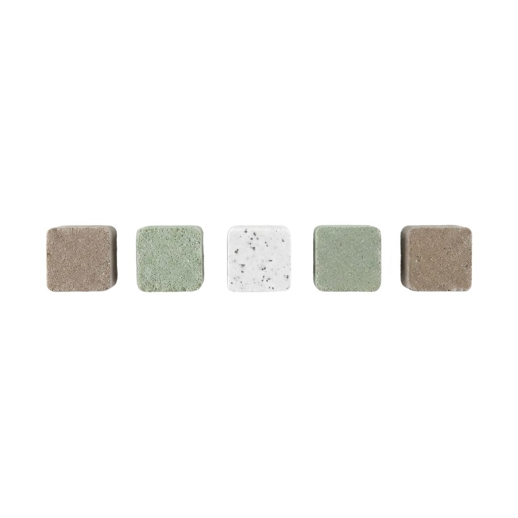 Earthy shower steamer gift box, set of 5, on pure white background