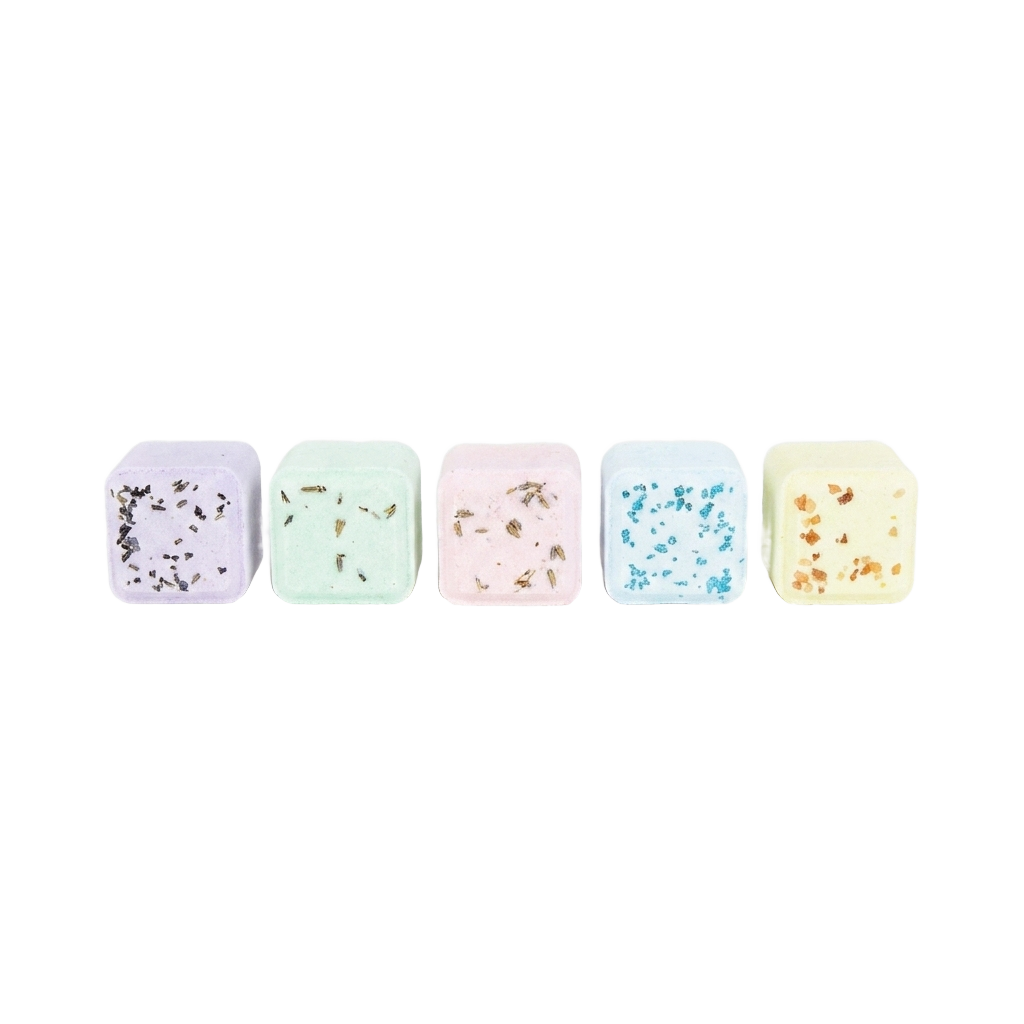 Aromatic shower fizzies 5-piece relaxation kit on pure white background
