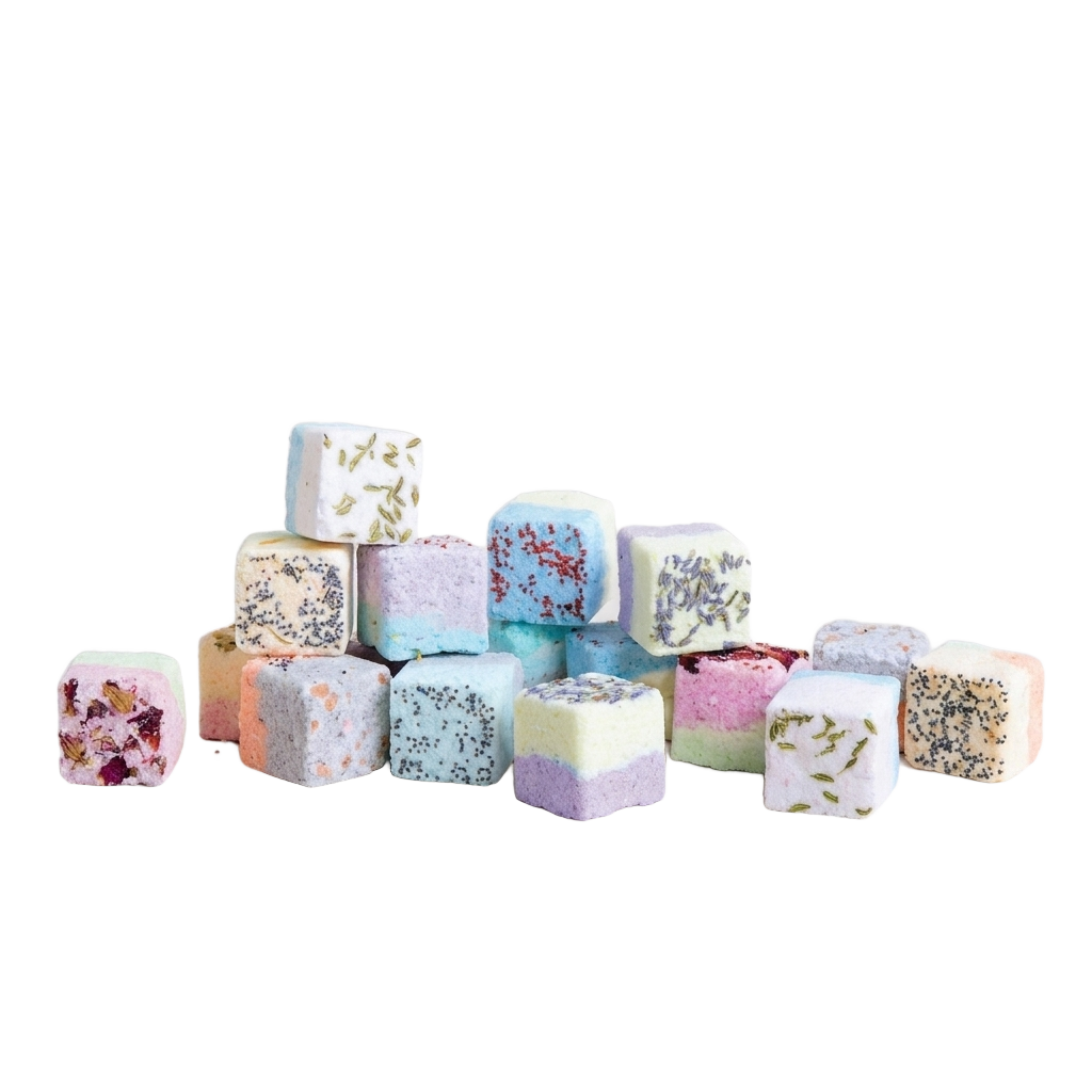 Serenity shower steamer set of 12 aromatherapy fizzies on pure white background