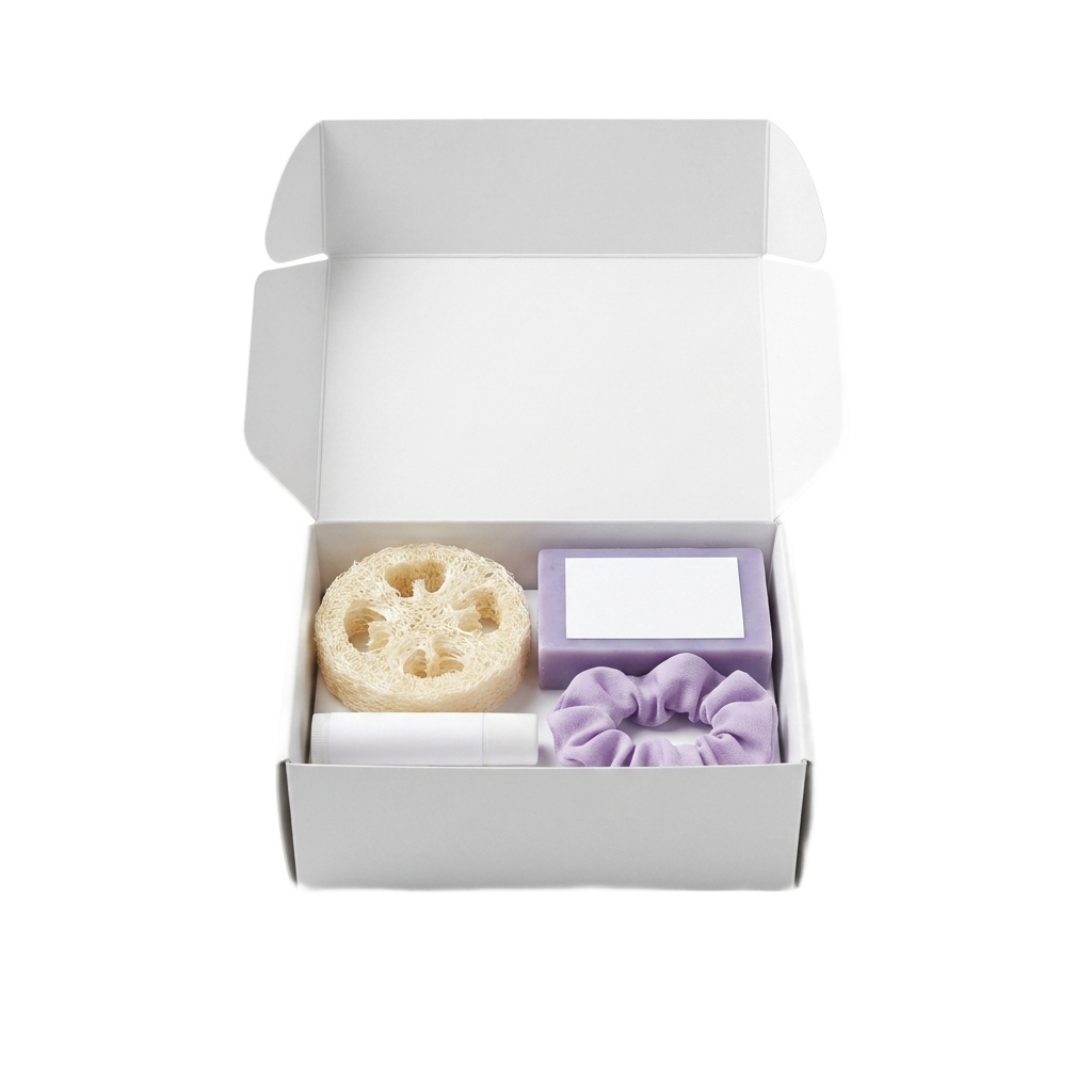 Lavender essence favor kit on pure white background