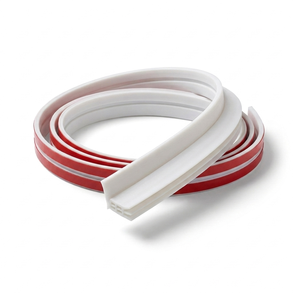 Silicone door weatherstrip coil on pure white background square packshot