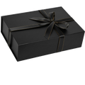 Premium magnetic black gift box with ribbon on pure white background
