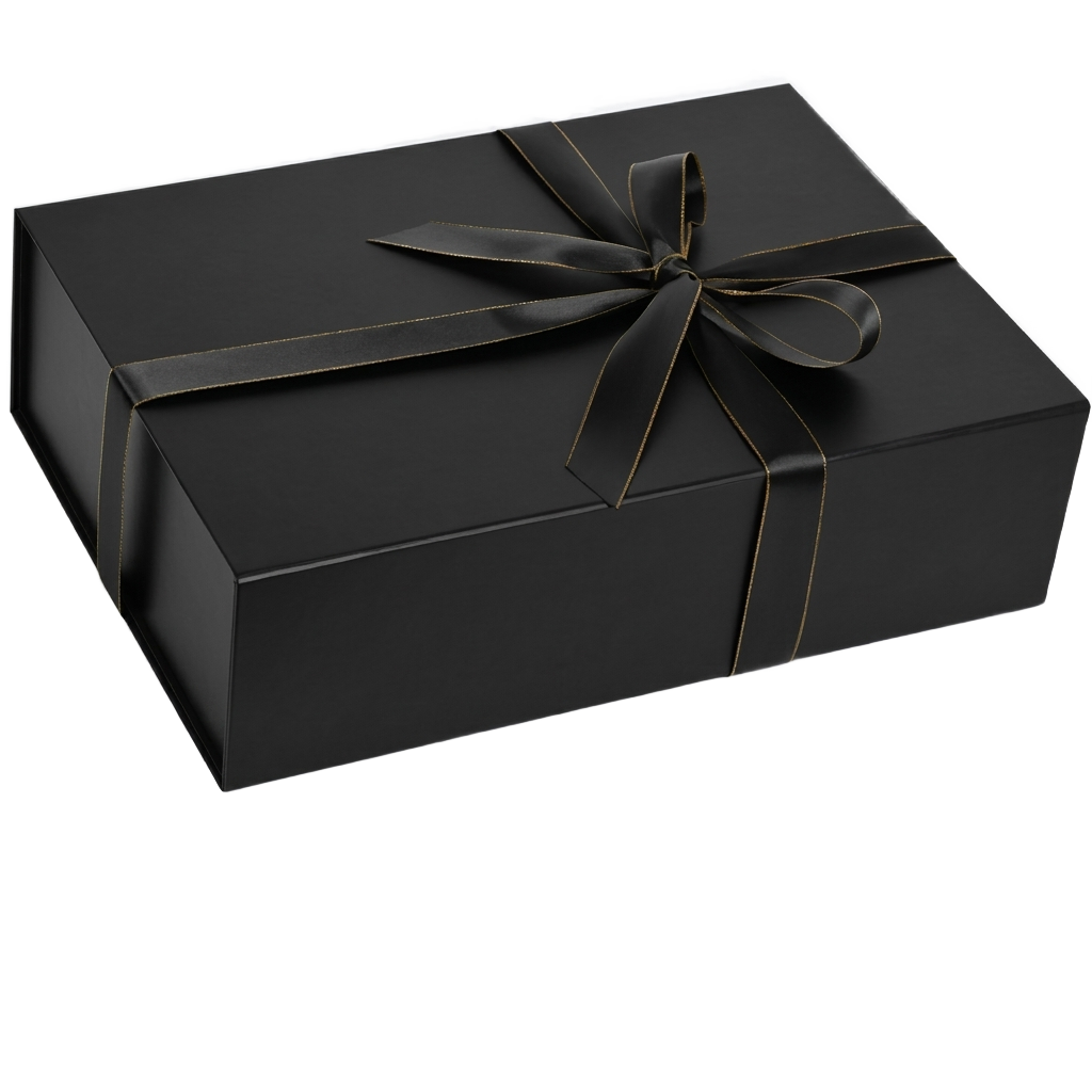 Premium magnetic black gift box with ribbon on pure white background