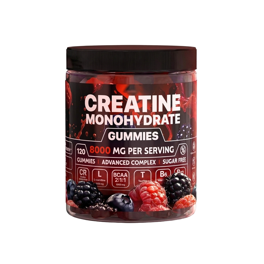 Creatine monohydrate gummies jar on pure white background