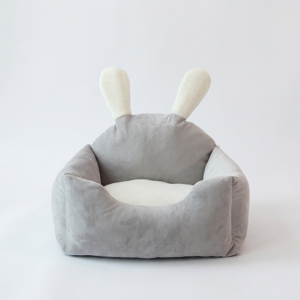 Universal plush pet bed with washable cushion on pure white background, square ecommerce packshot