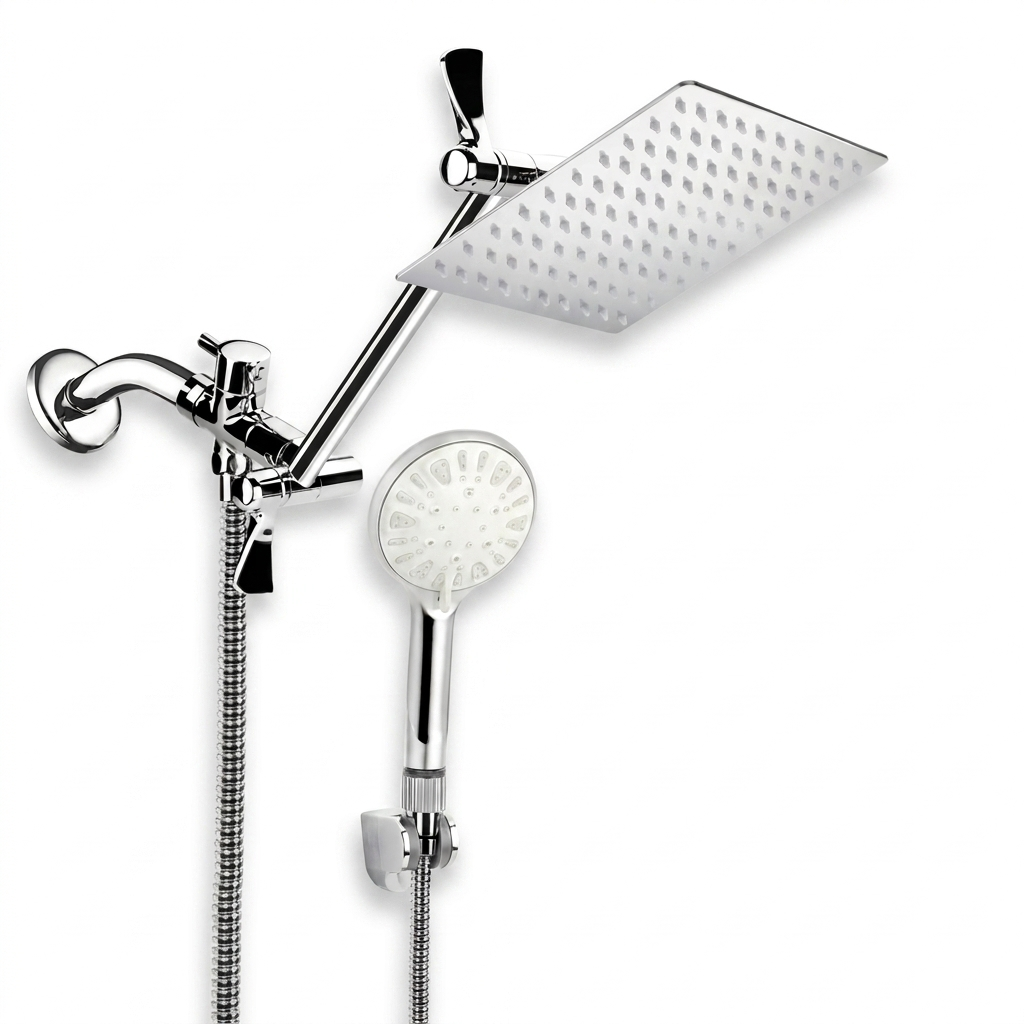 Deluxe rainfall and handheld chrome shower system on pure white background square packshot