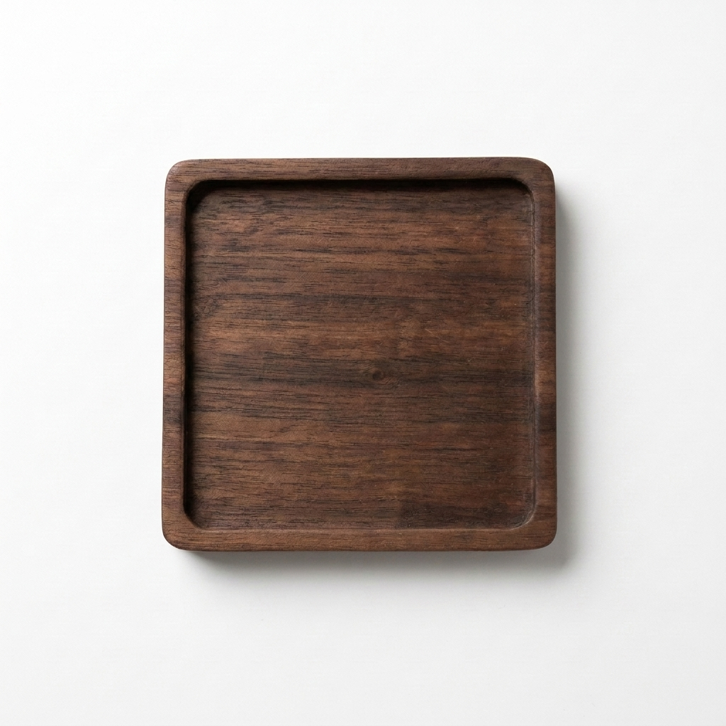 Japanese walnut art coaster on pure white background square packshot