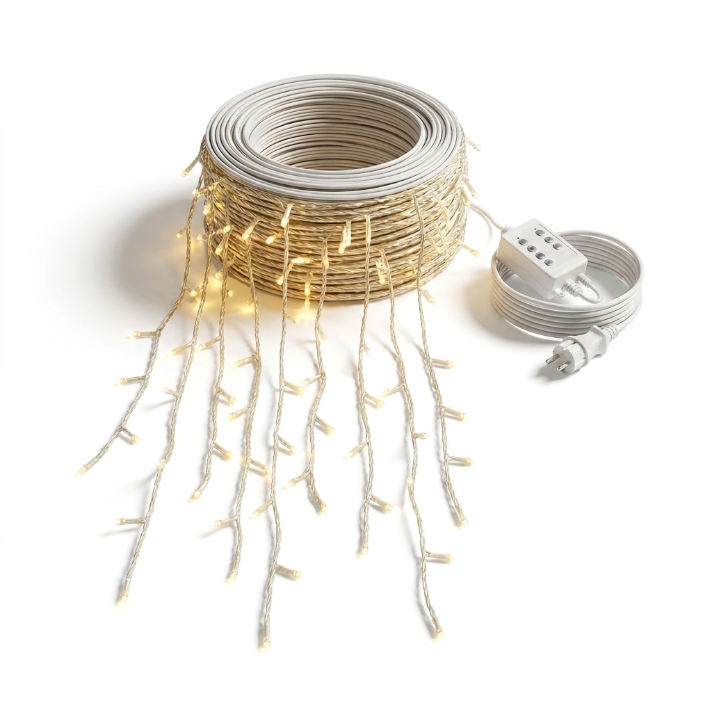 Luminous icicle LED string lights on pure white background square packshot