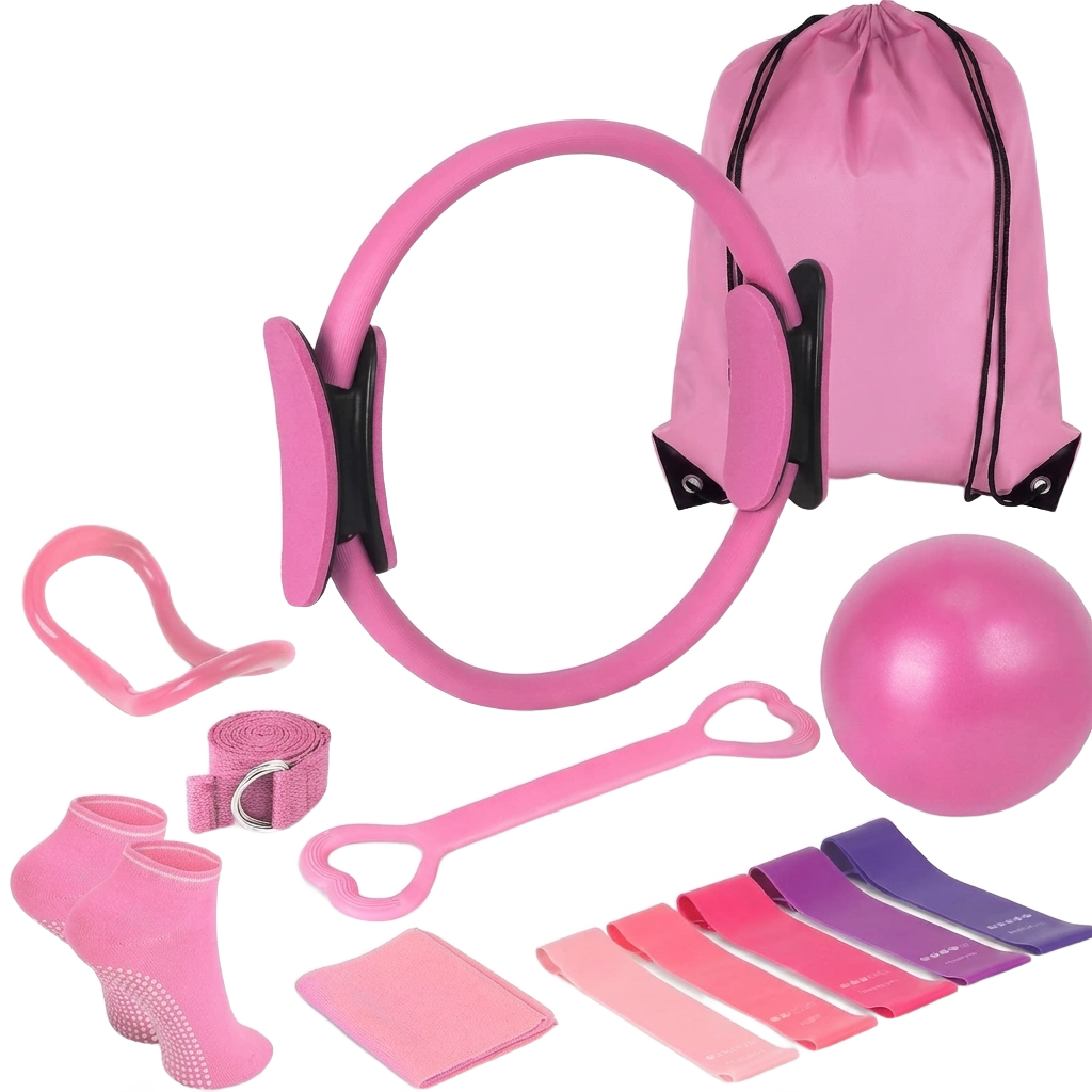 13-piece yoga and Pilates set on pure white background product photo