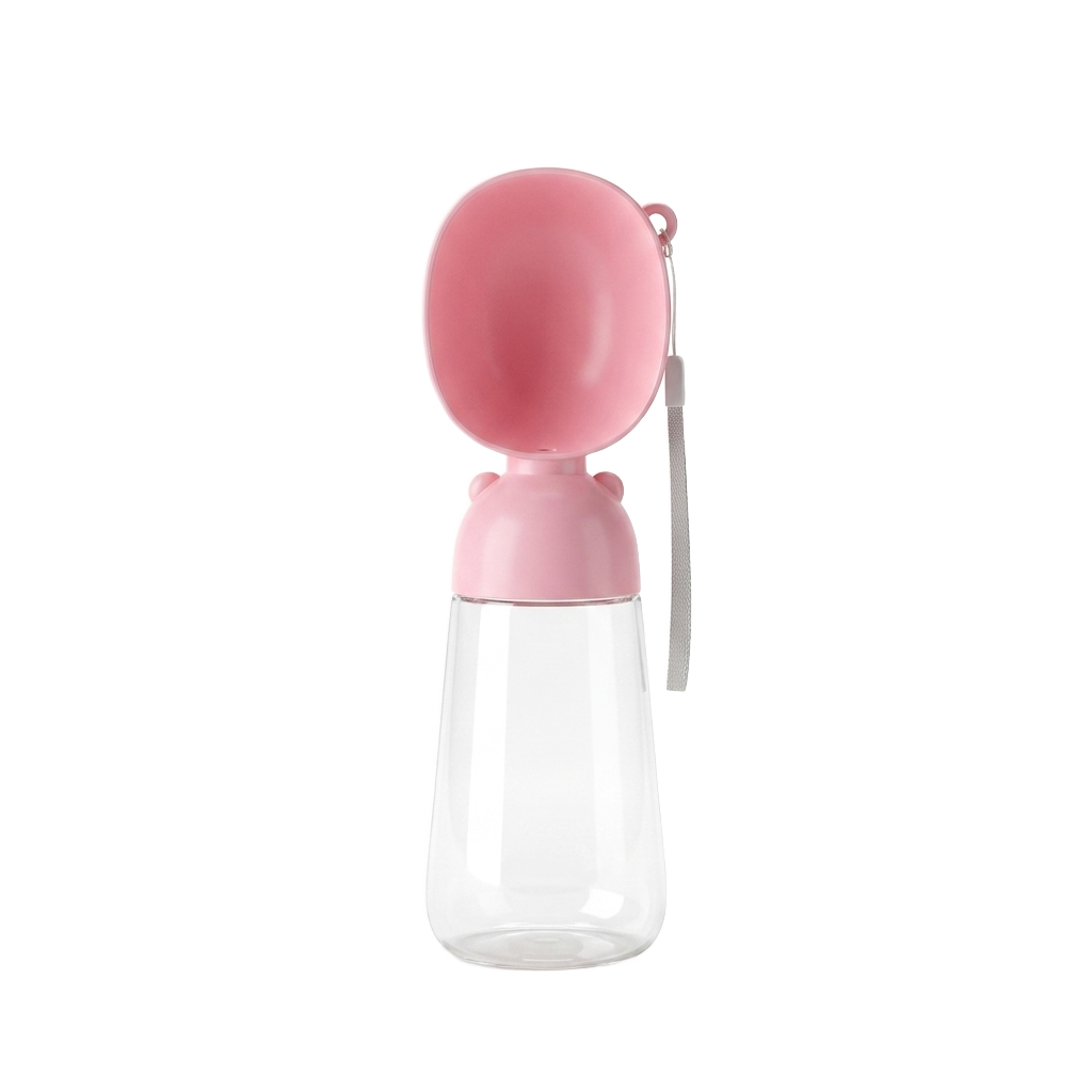 Pink portable dog travel water bottle with flip-up drinking cup on pure white background product photo
