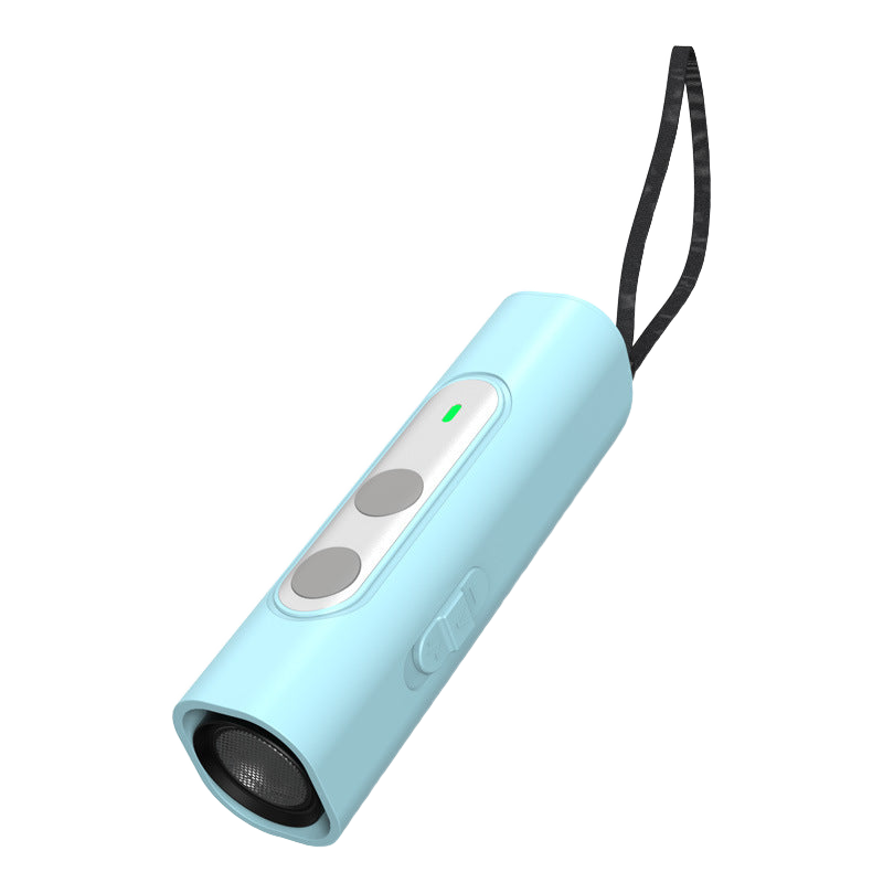 Handheld ultrasonic dog bark deterrent in light blue on pure white background product photo