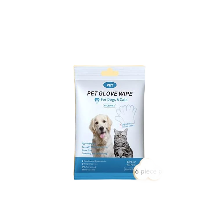 Pet grooming and cleaning glove wipes pack on pure white background product photo