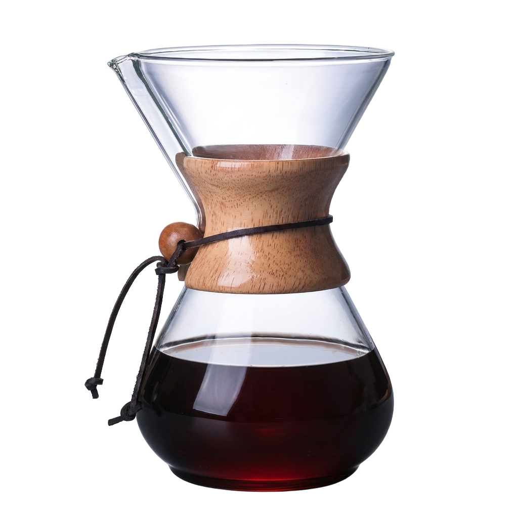 Glass pour-over coffee carafe with wooden collar on pure white background product photo
