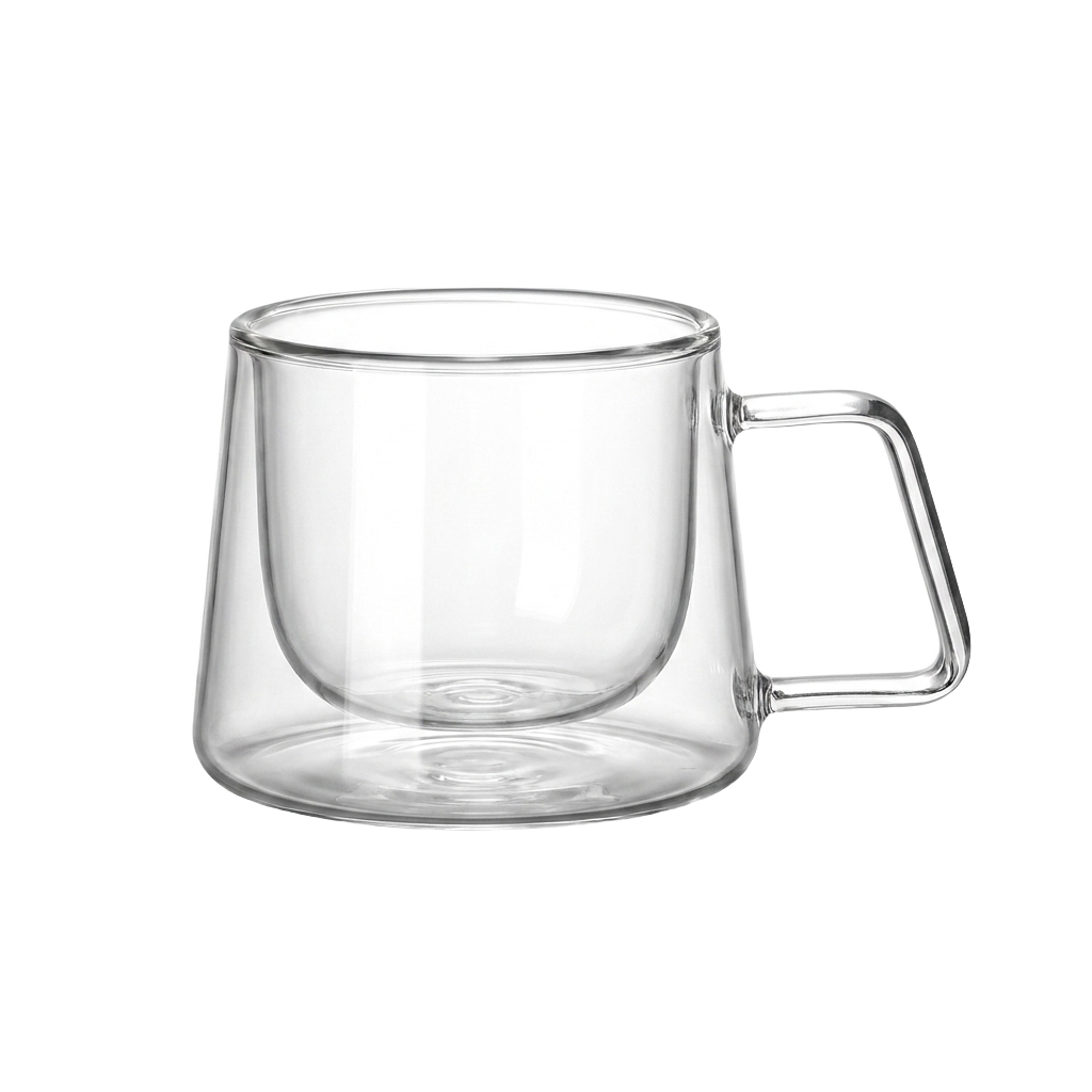 Double-wall borosilicate glass coffee cup on pure white background product photo