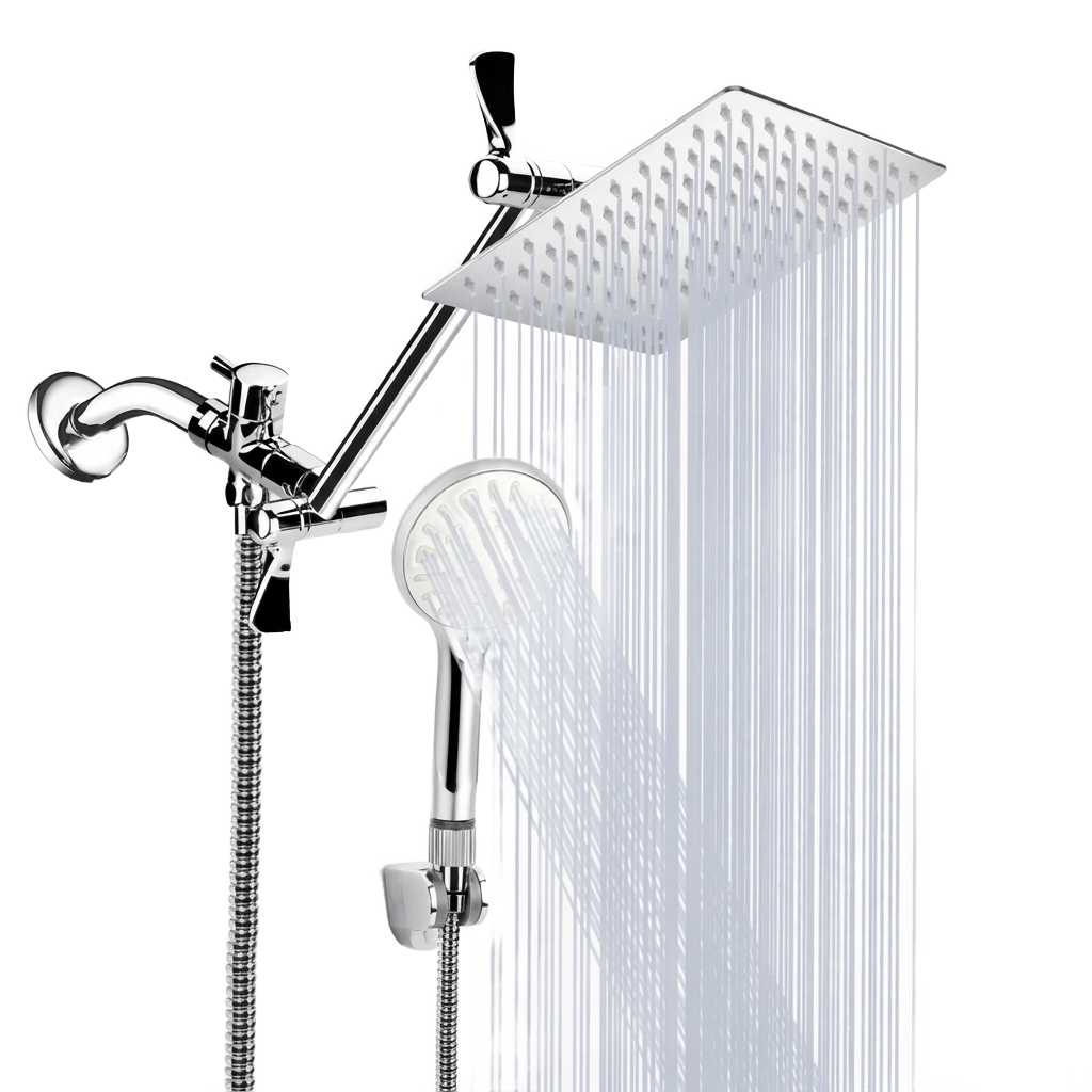 Deluxe rainfall and handheld chrome shower system, true white background packshot