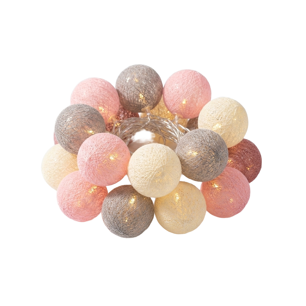 Cotton ball LED string lights coiled, true white background packshot