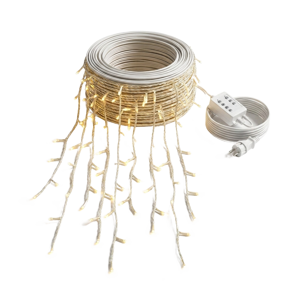Luminous icicle LED string lights coiled with controller, true white background packshot
