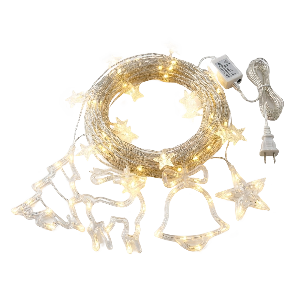 Lantern styled LED decorative light string with charm pendants, true white background packshot