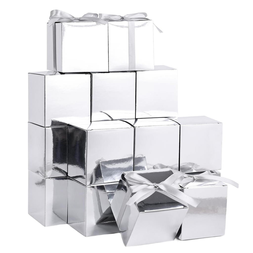 Silver metallic mini cube gift boxes with ribbon bows