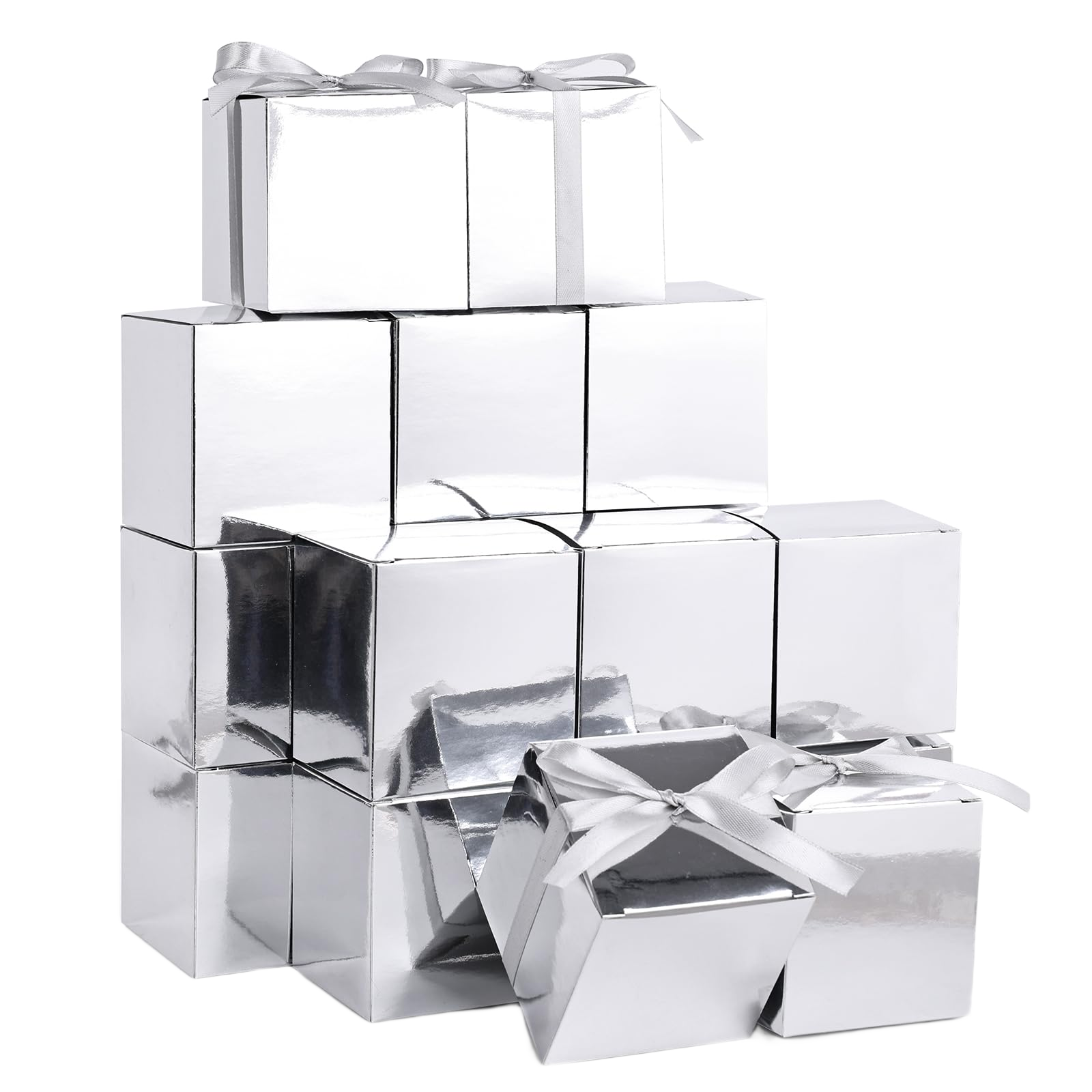 Silver metallic mini cube gift boxes with ribbon bows
