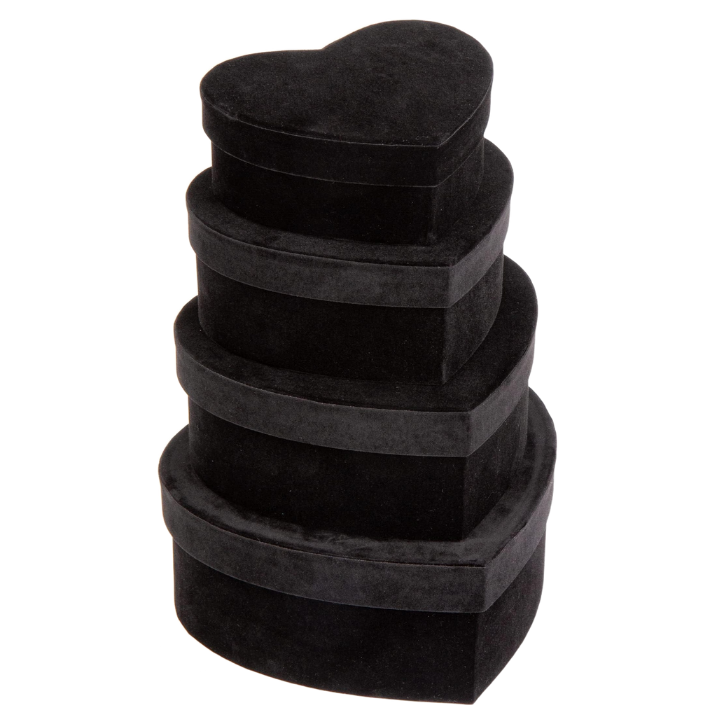 Set of 4 black velvet heart-shaped nesting gift boxes