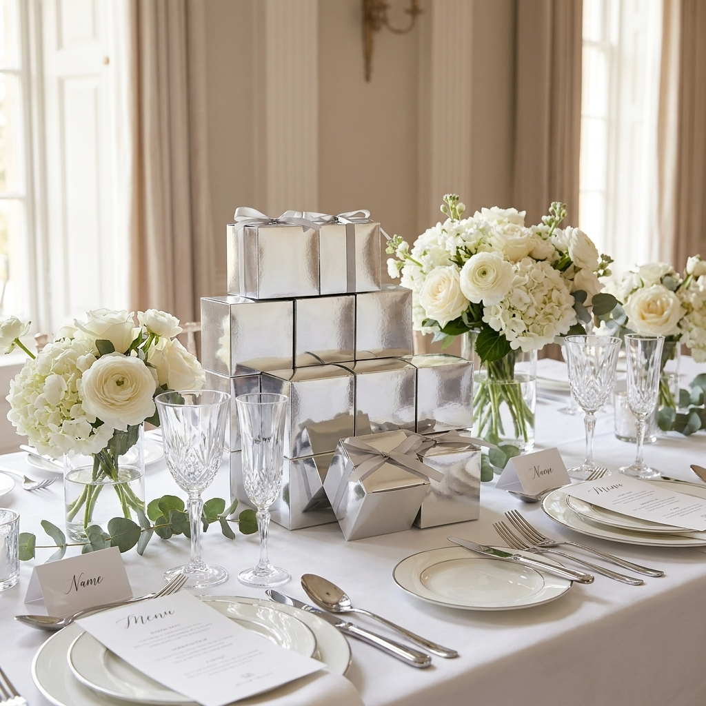 Silver favor boxes on an elegant wedding reception table