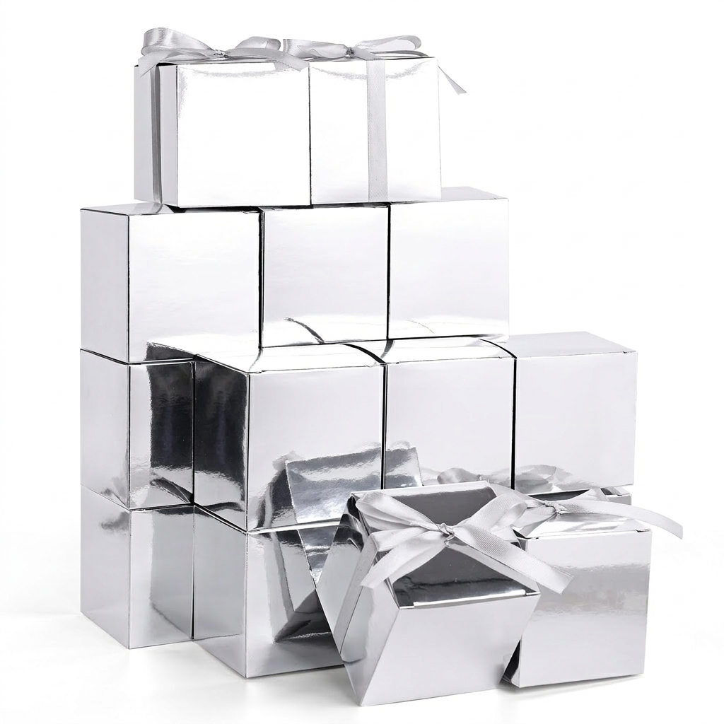 Group of silver favor boxes with ribbon packshot